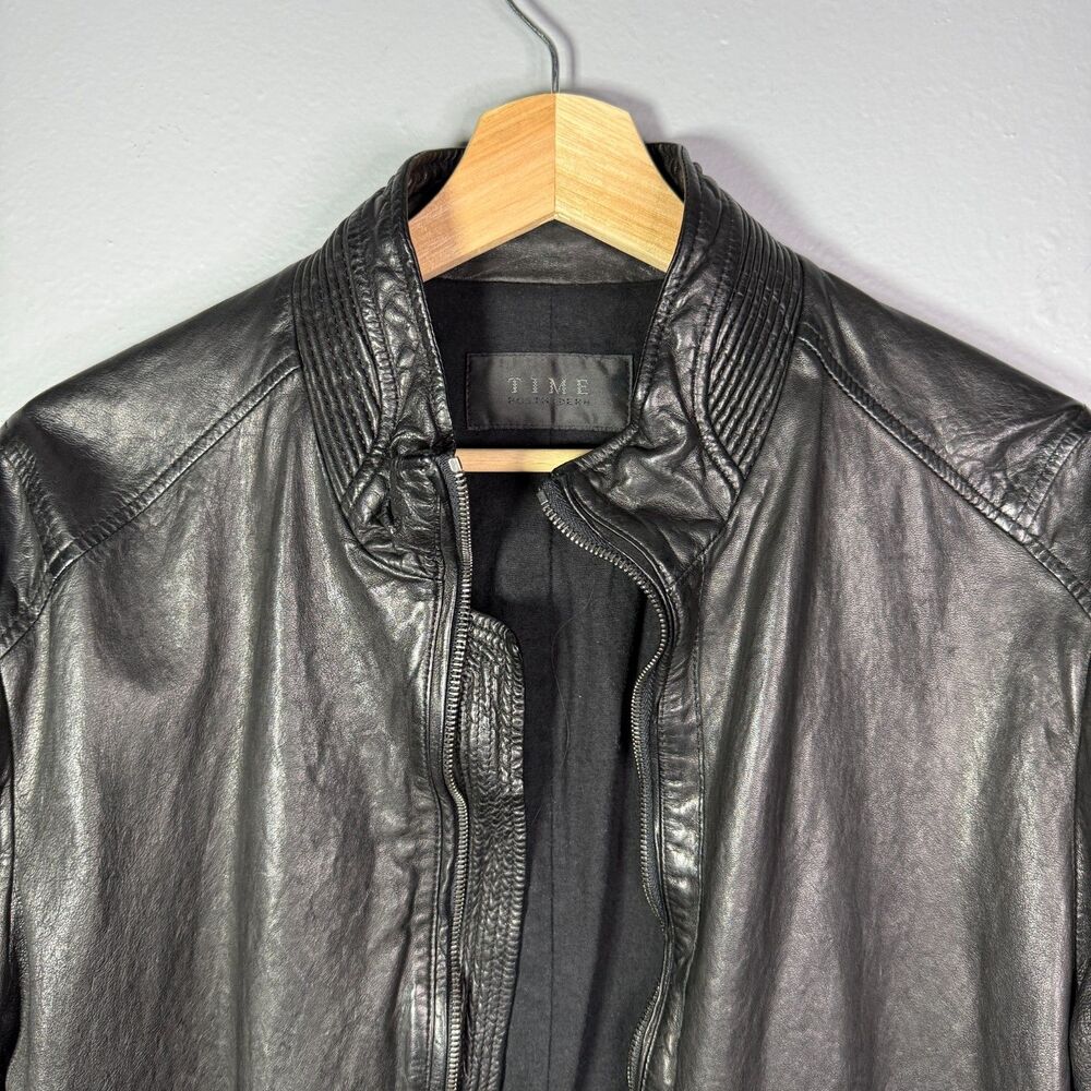 TIME Postmodern Genuine Lambskin Leather Jacket Mens L Black Moto Korean - Picture 2 of 15